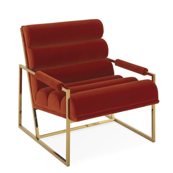 Lounge chair, red velvet fabric with brass frame
