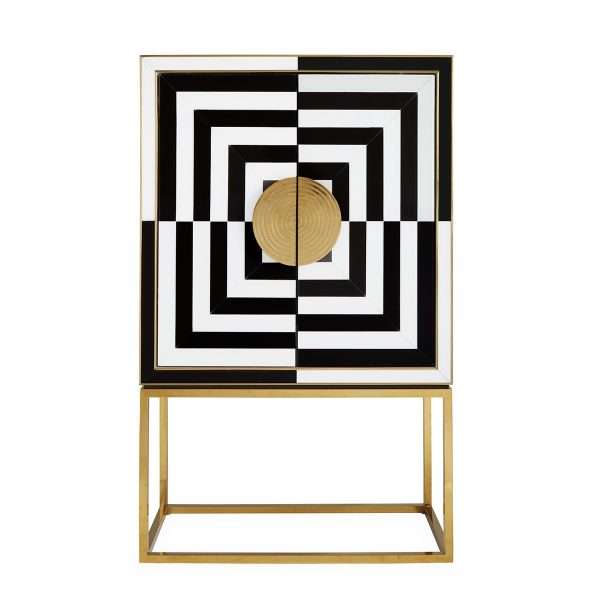 cabinet with glass panes reverse-painted in charcoal and ivory with polished brass details